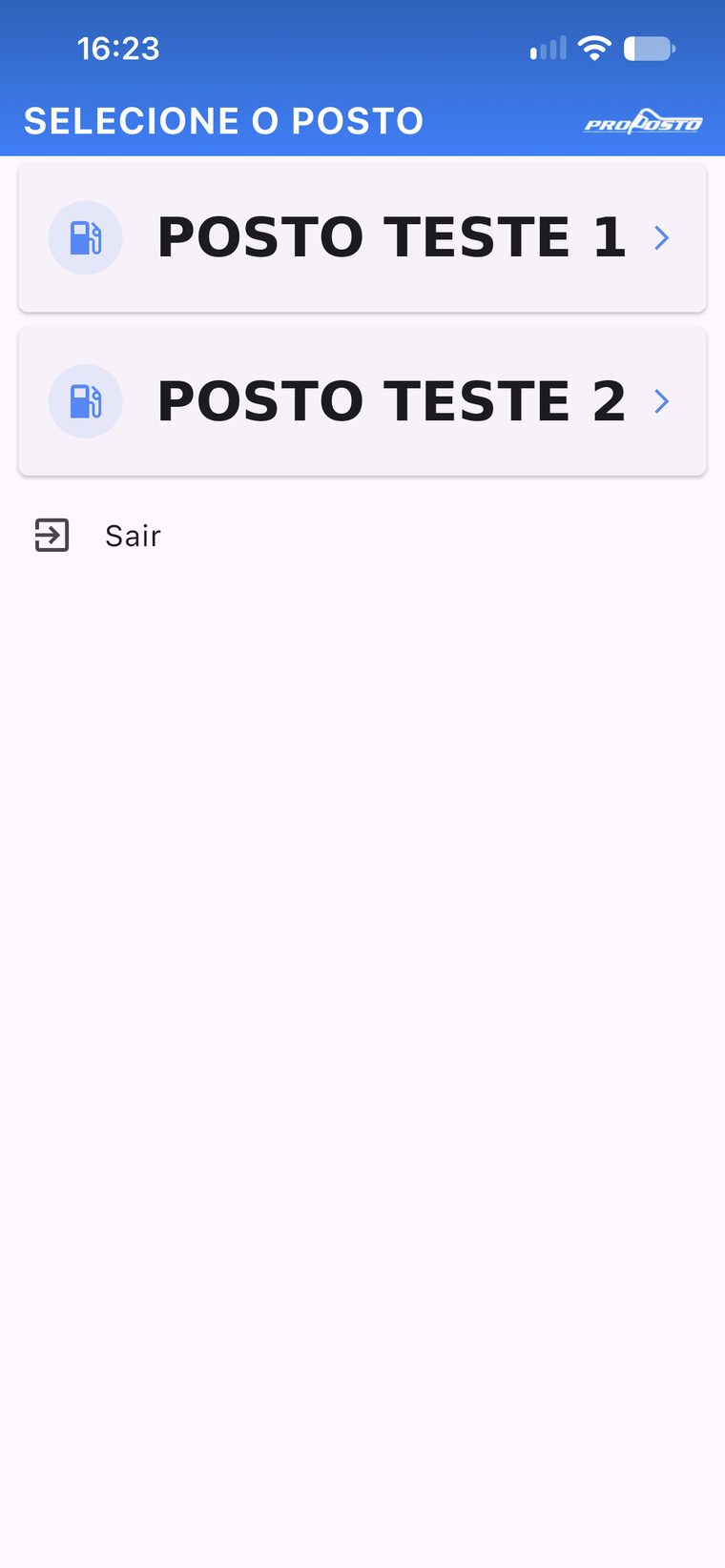 Tela de seleção do posto no aplicativo PROposto, listando Posto Teste 1 e Posto Teste 2