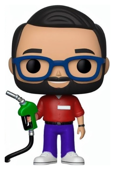 Personagem estilo boneco colecionável representando a equipe da PROposto, com camisa vermelha e calça no tom roxo da marca, segurando um bico de abastecimento verde